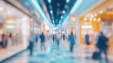 Abstract blurred photo of many people shopping inside department store or modern shopping mall. Urban lifestyle and black friday shopping concept