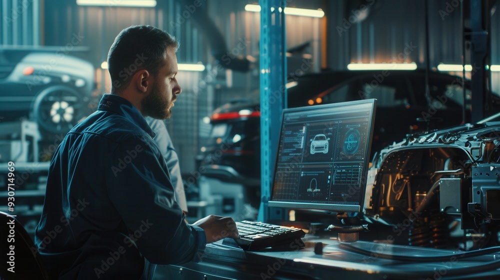 Poster A mechanic uses a computer diagnostic tool while performing engine repairs in an auto shop filled with vehicles. Generative AI