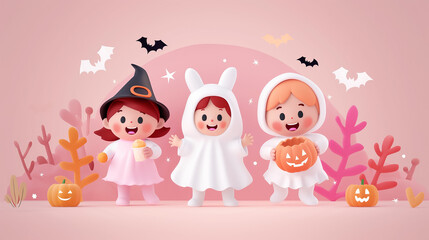 Three kids dressed in Halloween costumes joyfully pose among colorful decorations and pumpkins, celebrating the holiday spirit