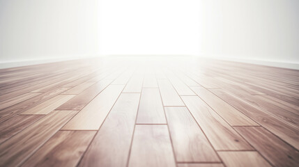 Fototapeta premium Polished wooden floor with varying shades extending towards bright light. Smooth surface and clean lines create a modern, minimalist atmosphere.