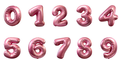 Rose gold foil pink 3d helium balloon set of numbers 0-9. Cutout PNG file