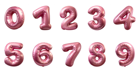 Rose gold foil pink 3d helium balloon set of numbers 0-9. Cutout PNG file