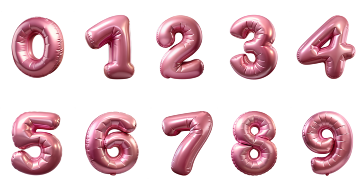Rose gold foil pink 3d helium balloon set of numbers 0-9. Cutout PNG file - Powered by Adobe
