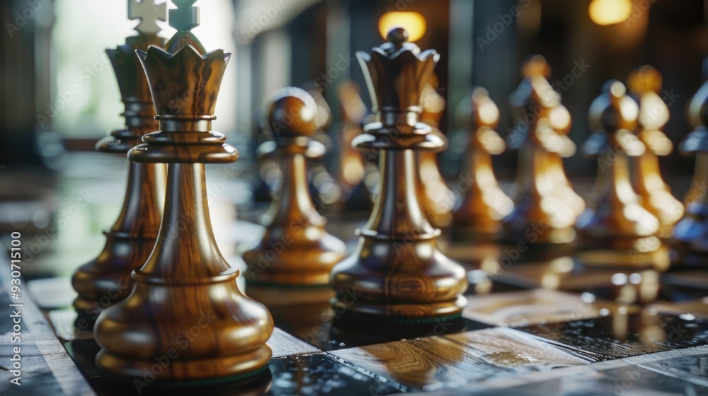 Poster a close-up shot of chess pieces on a chessboard, ideal for use in business or educational contexts