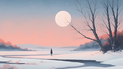 Fototapeta premium A serene winter landscape featuring a figure by a river under a large moon at dusk.