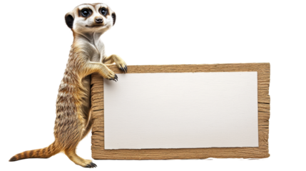A meerkat standing upright with its front paws on a blank wooden sign, isolated, cut out.