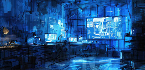 A futuristic, high-tech office filled with multiple screens, digital interfaces, and advanced technology in a blue-toned aesthetic.