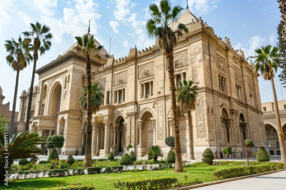 Poster A large building with a facade featuring palm trees