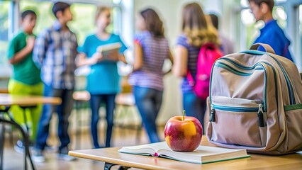 A classroom during recess with a backpack, a book, an apple in the foreground and defocused students in the background