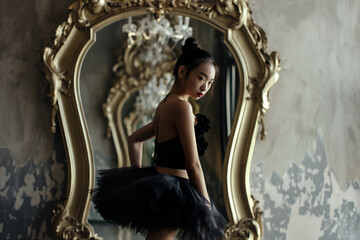 Young ballerina in a black tutu posing in front of an ornate mirror. Elegant surroundings and soft lighting highlighting her grace and poise