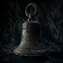 Rusty old bell on a dark textured surface
