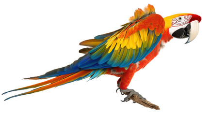 Fototapeta premium A vibrant macaw parrot perched with its wings slightly open, isolated, cut out.