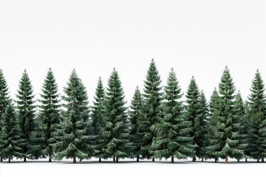 A row of pine trees covered in snow, ideal for winter scenes and nature photography