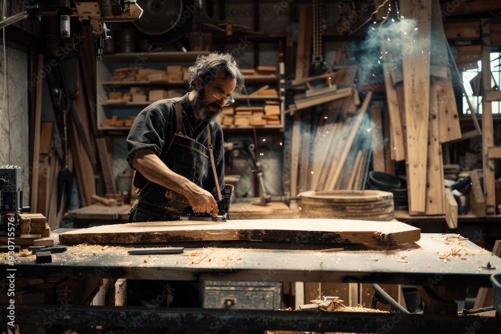 Aufkleber man crafting wooden object in a well-lit workshop