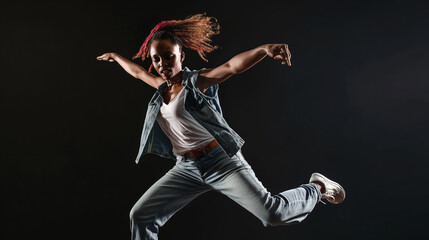 Young woman performing a dynamic dance move in casual denim outfit against a dark background. Her energetic expression and mid-air pose showcase her passion and skill in dance