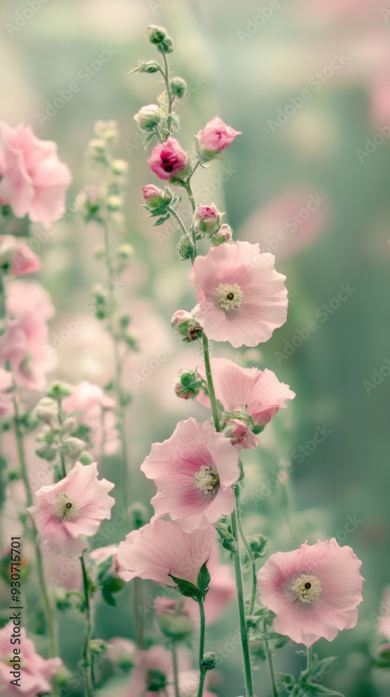 Poster Pink hollyhocks in soft focus with pastel