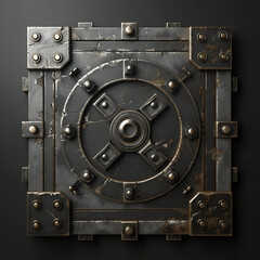 Rustic metallic vault door with heavy bolts and weathered surface
