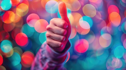 A hand showing thumbs up against a vibrant, colorful bokeh background. Positive gesture conveying approval, success, and happiness.