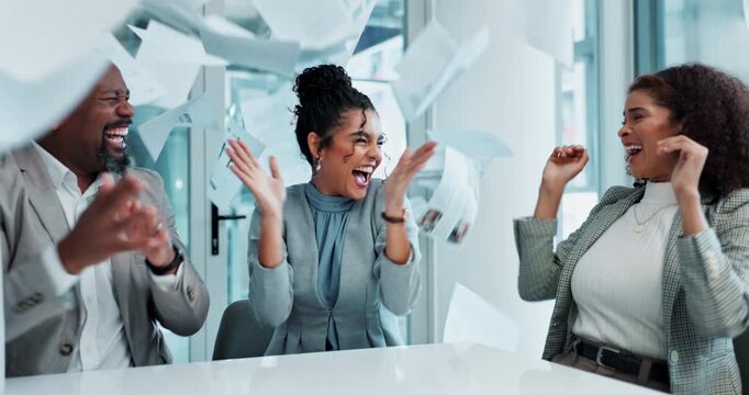 Business, people and celebration with throwing paper in office for achievement or victory on project. Employees, partnership and excited or happy in boardroom with clapping hands for contract success