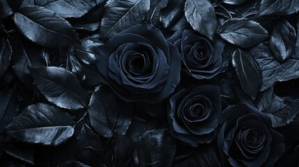 Black roses and leaves cluster together, enveloped in mystery and accentuated by subtle lighting, exuding an aura of elegance and intrigue.