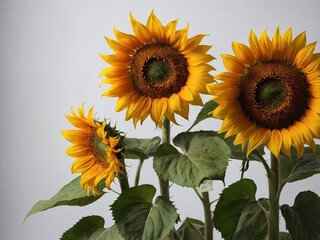 Obraz premium Portrait of three vibrant sunflowers with rich green leaves against a muted background