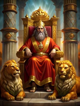 The Old Testament king Solomon sits on a luxurious throne