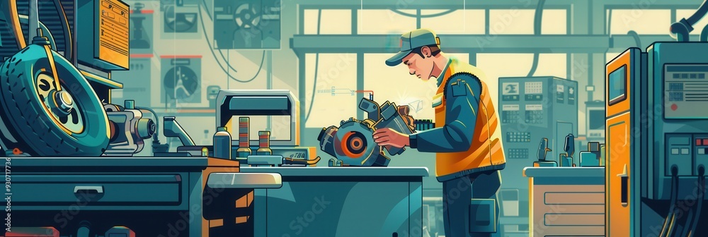 Aufkleber A mechanic conducts computer diagnostics while repairing an engine in a well-equipped automotive workshop filled with tools and machinery. Generative AI