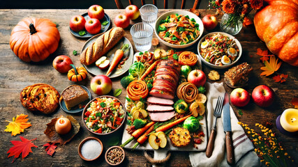 Naklejka premium Autumn Thanksgiving Feast with Roast Turkey, Fresh Vegetables, and Seasonal Fruits on Rustic Table. Thanksgiving table setting. banner