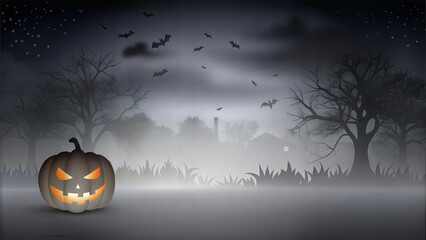 Eerie jack-o'-lantern glowing in misty forest with flying bats against moonlit sky