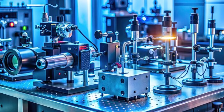 High-precision laboratory instrument equipped with laser and spectrometer, analyzing molecular structure and chemical composition through Raman spectroscopy technique.