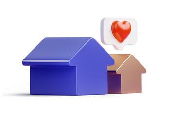 Two miniature houses with heart. Choosing favorite house for purchase or rent. Searching perfect property in high demand housing boom, choosing best house insurance, making right decision on home