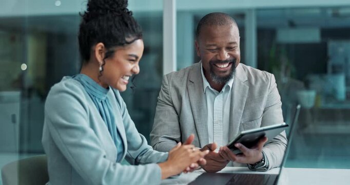 Tablet, laptop and business people with fist bump in office for good review or report from manager. Celebration, technology and financial advisor with probation meeting success for career growth.
