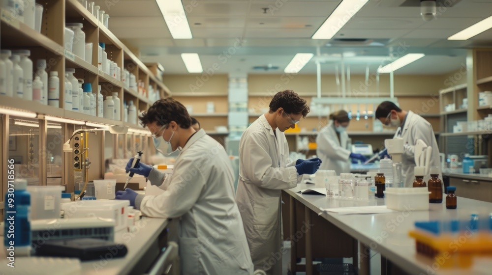 Poster A group of scientists working together in a modern laboratory setting