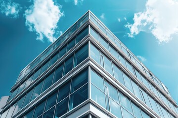 A tall building with many windows, sun shining brightly