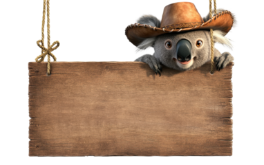 A smiling koala wearing a cowboy hat, peeking over an empty hanging wooden signboard with ropes, isolated, cut out.