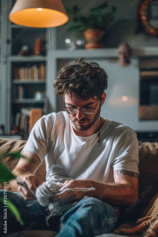 Poster man sits on a couch with a laptop, focused on his work