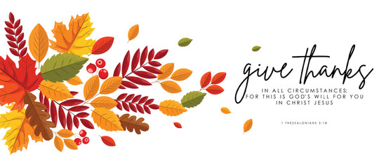 Hello autumn, autumn banner, autumn leaves isolated, flat illustration, christian thanks verse, vector	