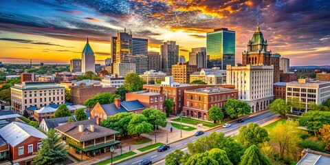 Historic cityscape of downtown Richmond, Virginia, featuring majestic skyscrapers, vintage brick buildings, and bustling streets lined with lush greenery and vibrant street art.