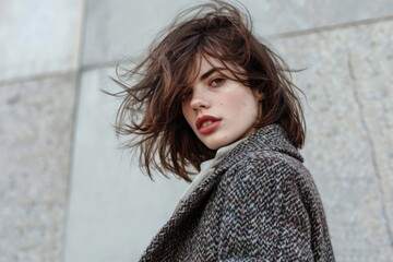 A woman stands at the base of a brick or concrete wall, wearing a coat