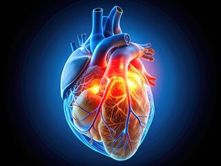 Illuminated 3D illustration of the human heart showing left ventricular hypertrophy, a condition where the heart's left ventricle thickens, impeding blood flow and oxygen supply.