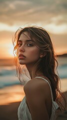 Naklejka premium A young woman posing for a photo against a backdrop of the sea. The image captures her in a natural and relaxed stance, with the ocean and sky creating a serene and expansive setting.