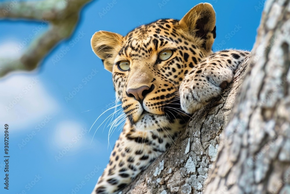 Poster a leopard is sitting on top of a tree branch, looking around