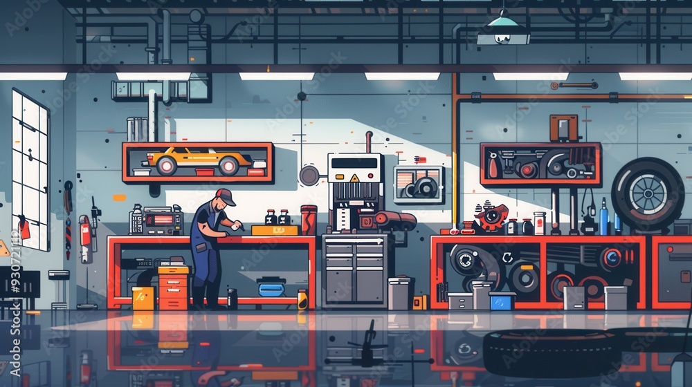 Poster A mechanic is performing computer diagnostics on a vehicle while working on engine repairs in a well-equipped auto shop. Generative AI