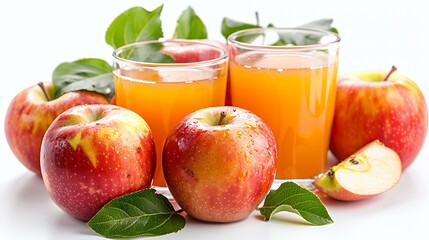 Fresh apples and juice display with green leaves.