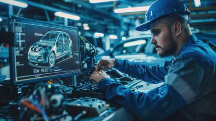 A mechanic is analyzing data on a computer while working on engine repair in a modern automotive workshop. Generative AI
