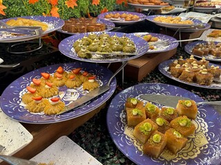 Different tasty desserts on table. Buffet service