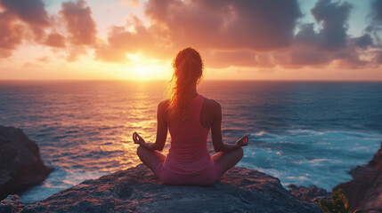 Fototapeta premium Woman practicing yoga on a cliff at dawn, overlooking the ocean. Breast Cancer Awareness