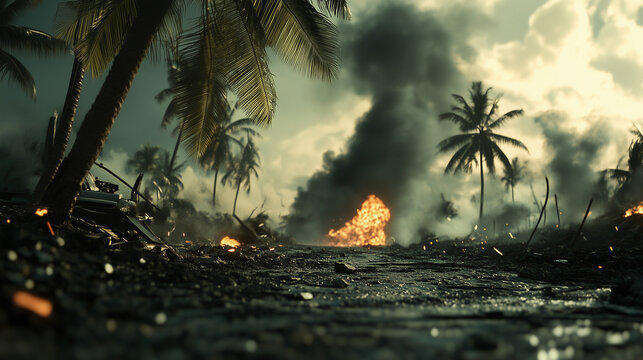 Smoke and Fire Engulfing Battlefield During Fierce Combat
