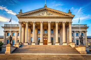 Fototapeta premium Imposing neoclassical-style government building with columns and staircase, housing the highest court in the state, symbolizing justice and law in the heart of the capital.