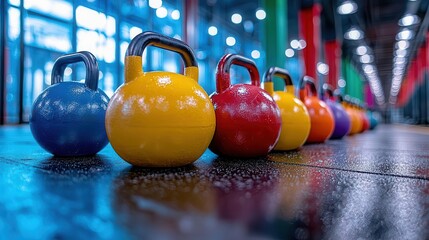 Kettlebells arranged on a gym floor, ready for strength training exercises
